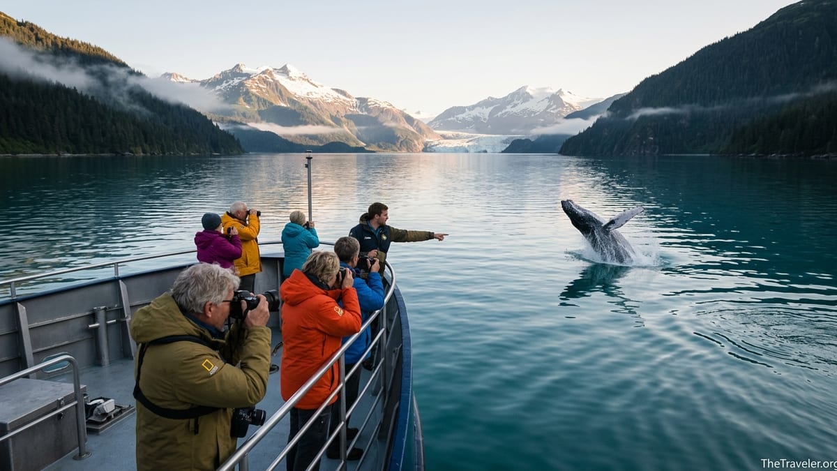 Guests on a Lindblad expedition ship watch a whale near an Alaskan glacier at sunset.