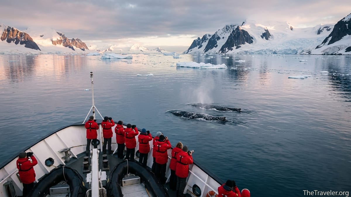 Small expedition ship watching whales amid Antarctic ice under soft evening light.