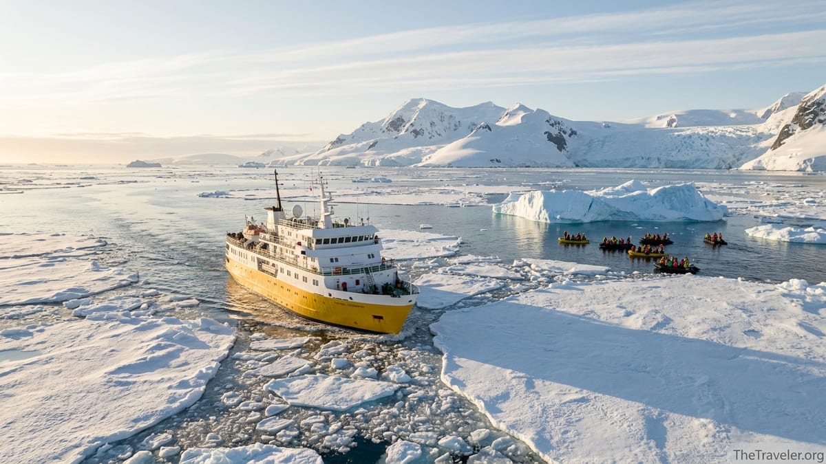 Small expedition ship among Antarctic sea ice with Zodiacs exploring nearby under soft golden light.