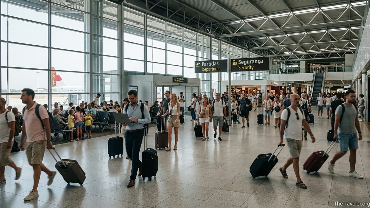 Crowds of travelers walking through Lisbon Airport Terminal 1 departures hall in daylight.