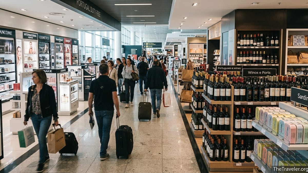 Travelers shopping in the duty-free area of Lisbon Airport Terminal 1 with Portuguese wines and souvenirs on display.