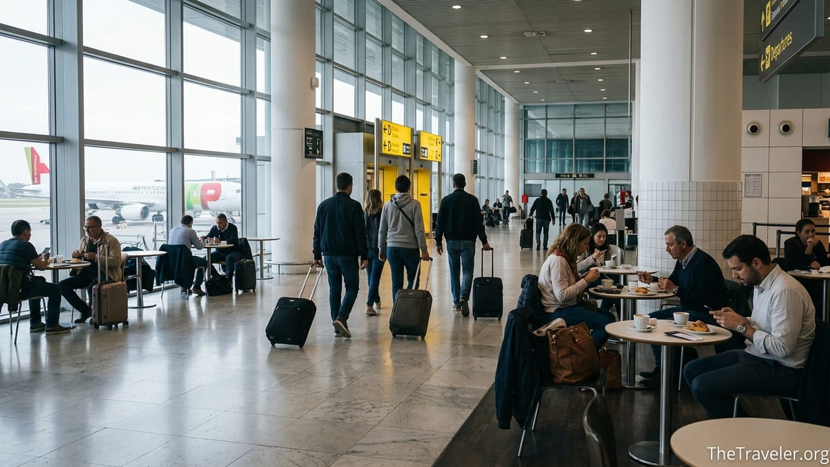 Travelers with carry-on luggage walking through Lisbon Airport terminal during a calm layover morning.