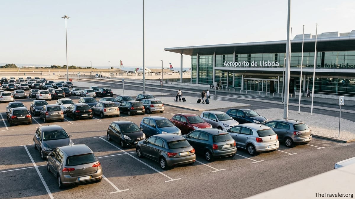 Drivers walking from Lisbon Airport car park toward Terminal 1 in late afternoon light.