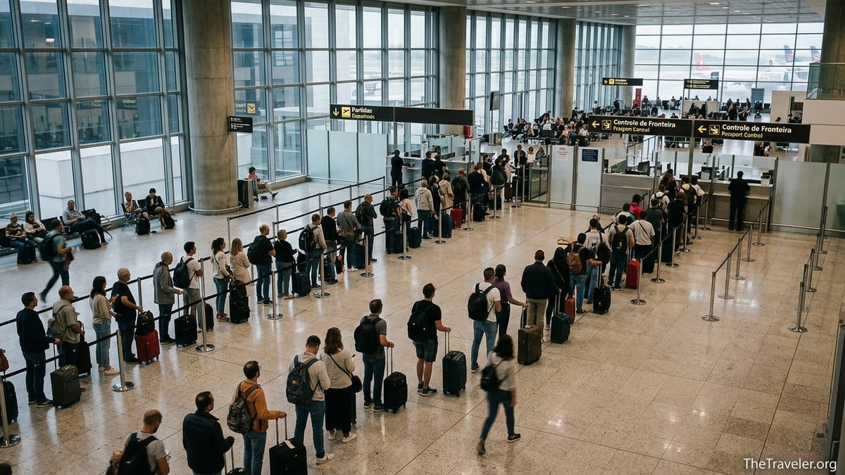 Crowded departures hall at Lisbon Airport with passengers queuing for security and passport control.