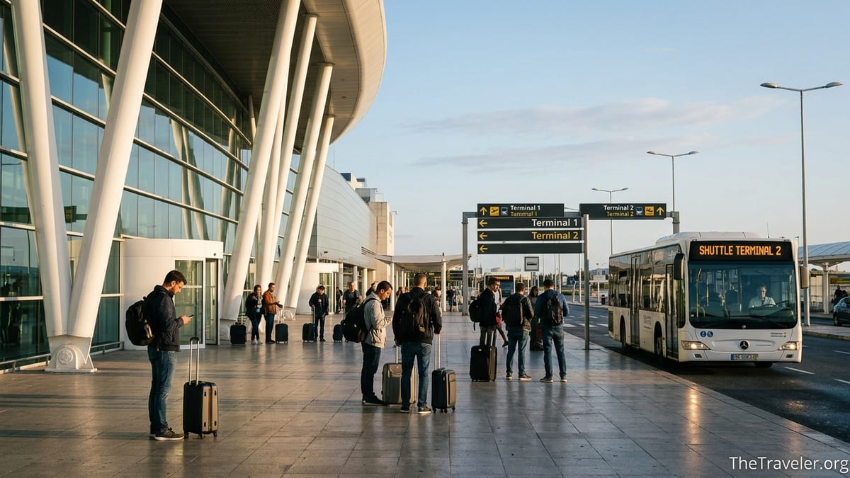 Morning scene outside Lisbon Airport Terminal 1 with shuttle bus to Terminal 2 and travelers with luggage.