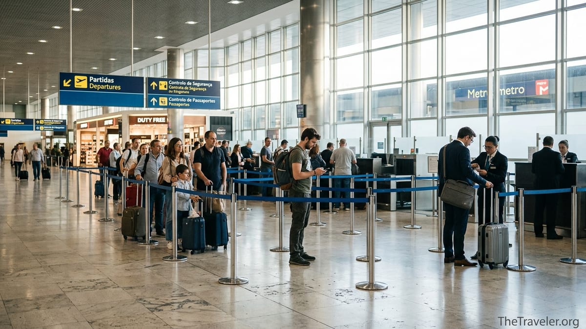 Passengers queue at Lisbon Airport security and passport control in bright morning light.