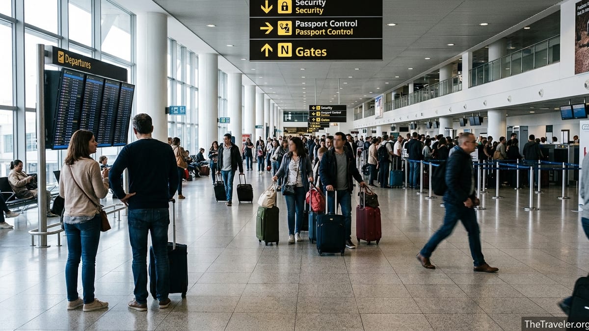 Crowded departures hall at Lisbon Airport with travelers queuing and reading overhead signs.