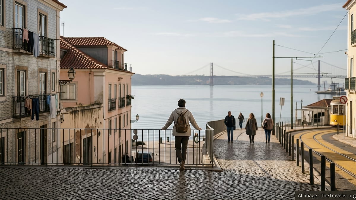 Solo traveler overlooking the Tagus River and 25 de Abril Bridge on a quiet morning in Lisbon.