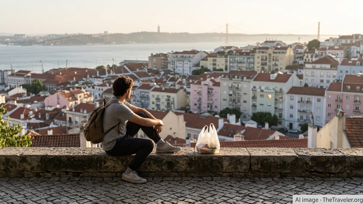 Solo budget traveler with picnic overlooking Lisbon rooftops at sunset