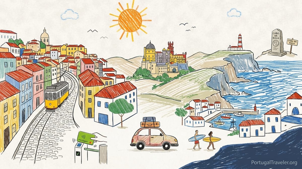 Cliffside view of the Lisbon coast with whitewashed houses and surfers walking toward a small beach at sunset.