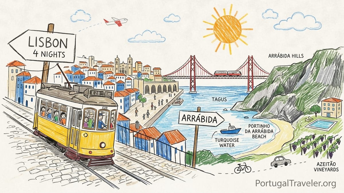 View over Lisbon’s rooftops and Tagus River toward the 25 de Abril Bridge at sunrise.