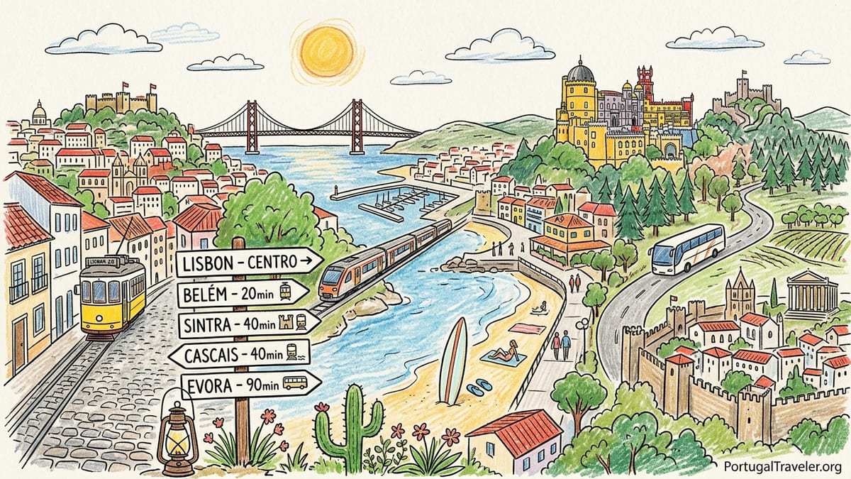 View over Lisbon’s hills and Tagus River at golden hour with travelers looking out from a viewpoint.