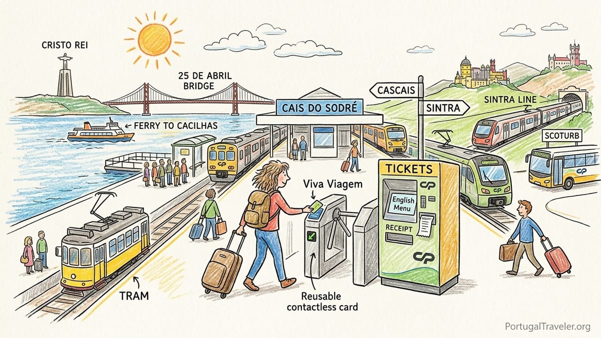 Travelers with luggage boarding a CP suburban train at Lisbon’s Cais do Sodré station near the Tagus River.