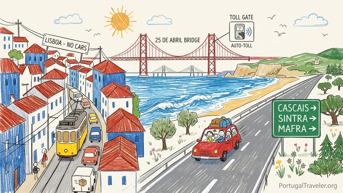 A small car drives along a winding coastal road near Lisbon with cliffs and Atlantic views.