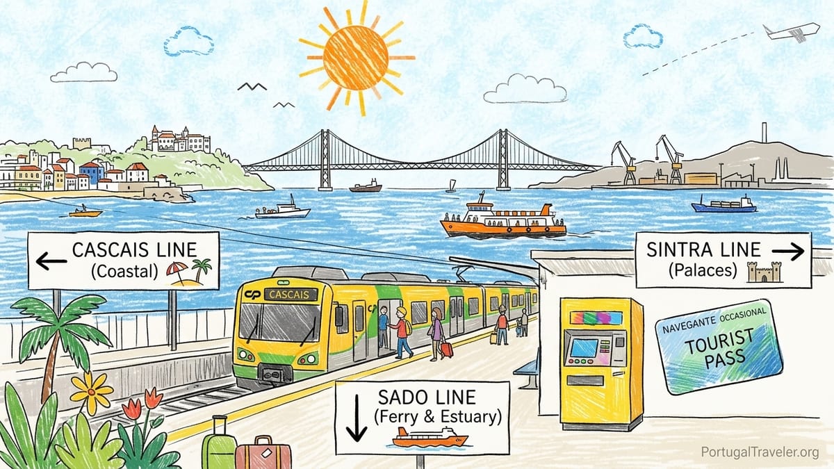 Morning commuters boarding a Lisbon urban train at Cais do Sodré with the Tagus River in the background.