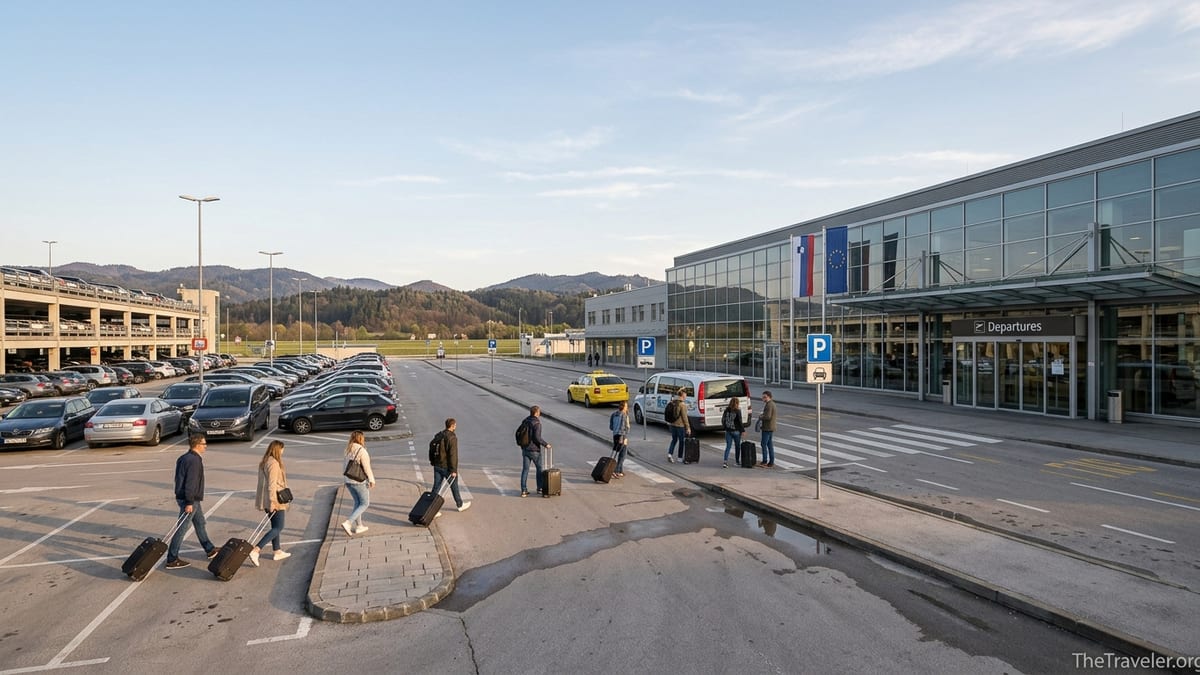 Travellers walk from Ljubljana Airport parking toward the terminal past a shuttle van and taxi.