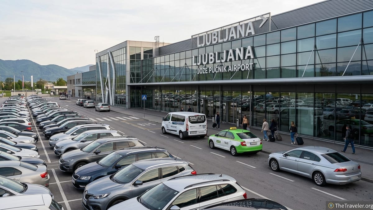 Parking, taxis and shuttles in front of Ljubljana Jože Pucnik Airport terminal on a sunny day