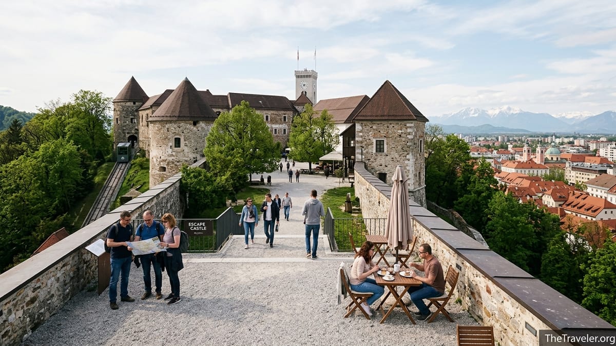 View of Ljubljana Castle courtyard with visitors, café tables and city rooftops in the background.