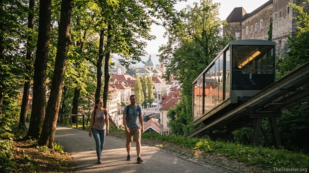 View of Ljubljana Castle hill with funicular and walkers on shaded path above the Old Town.