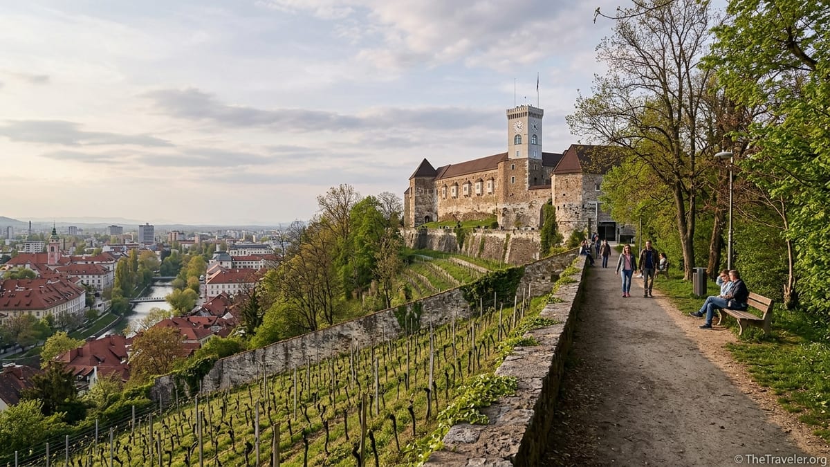 View of Ljubljana Castle and its hillside vineyard above the city at sunset.