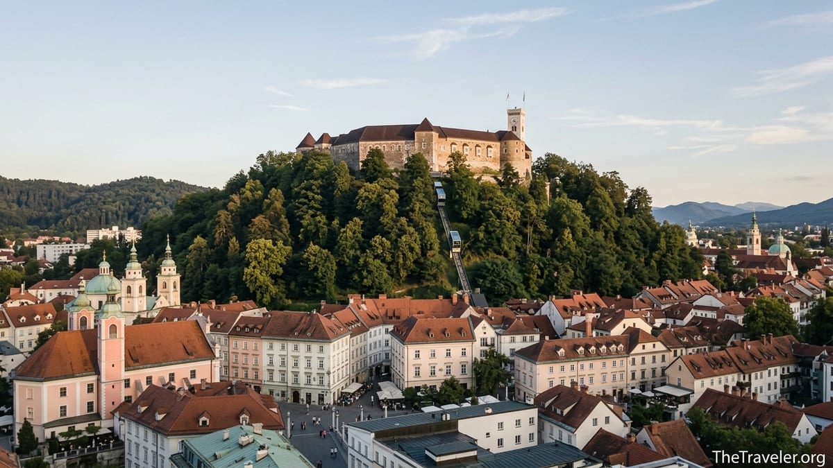 Ljubljana Castle on a hill above the Old Town with funicular climbing through trees at sunset.