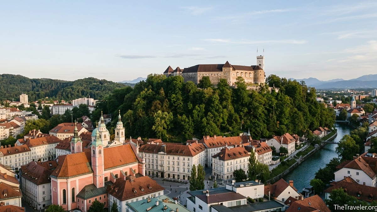 Ljubljana Castle on a green hill above the red-roofed old town at sunset