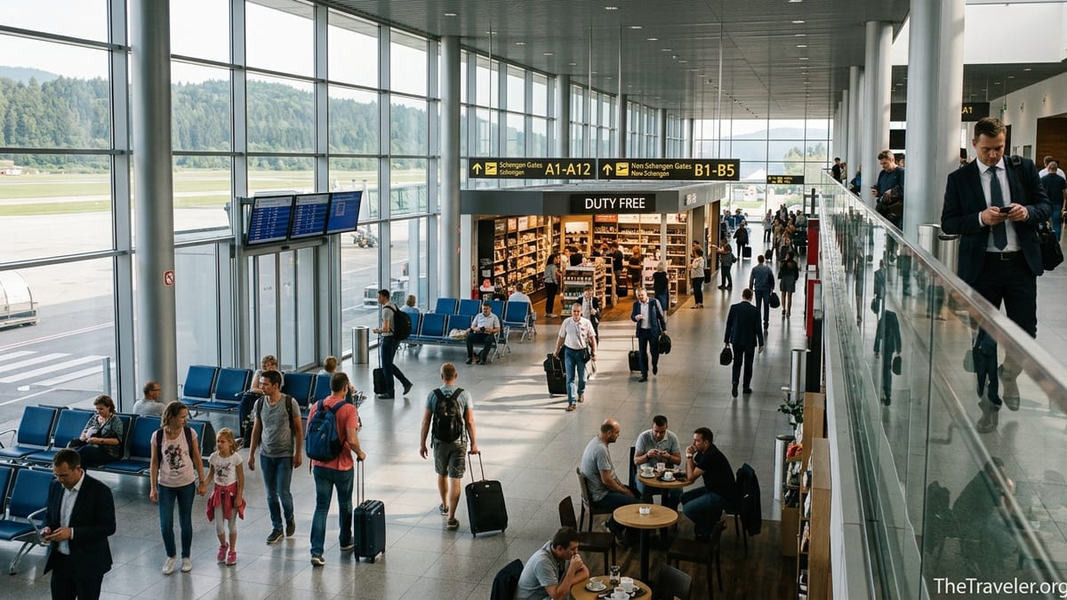 Travelers with suitcases walking toward the glass facade of Ljubljana Jože Pučnik Airport at sunrise.