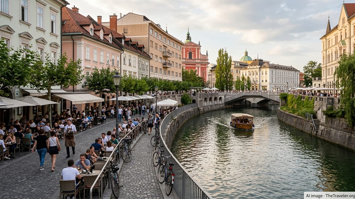 Riverside cafes and pastel buildings along the Ljubljanica River in central Ljubljana at golden hour.