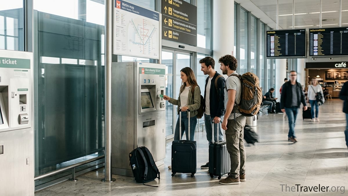 Travelers using a contactless credit card at a metro ticket machine in a busy airport arrivals hall.