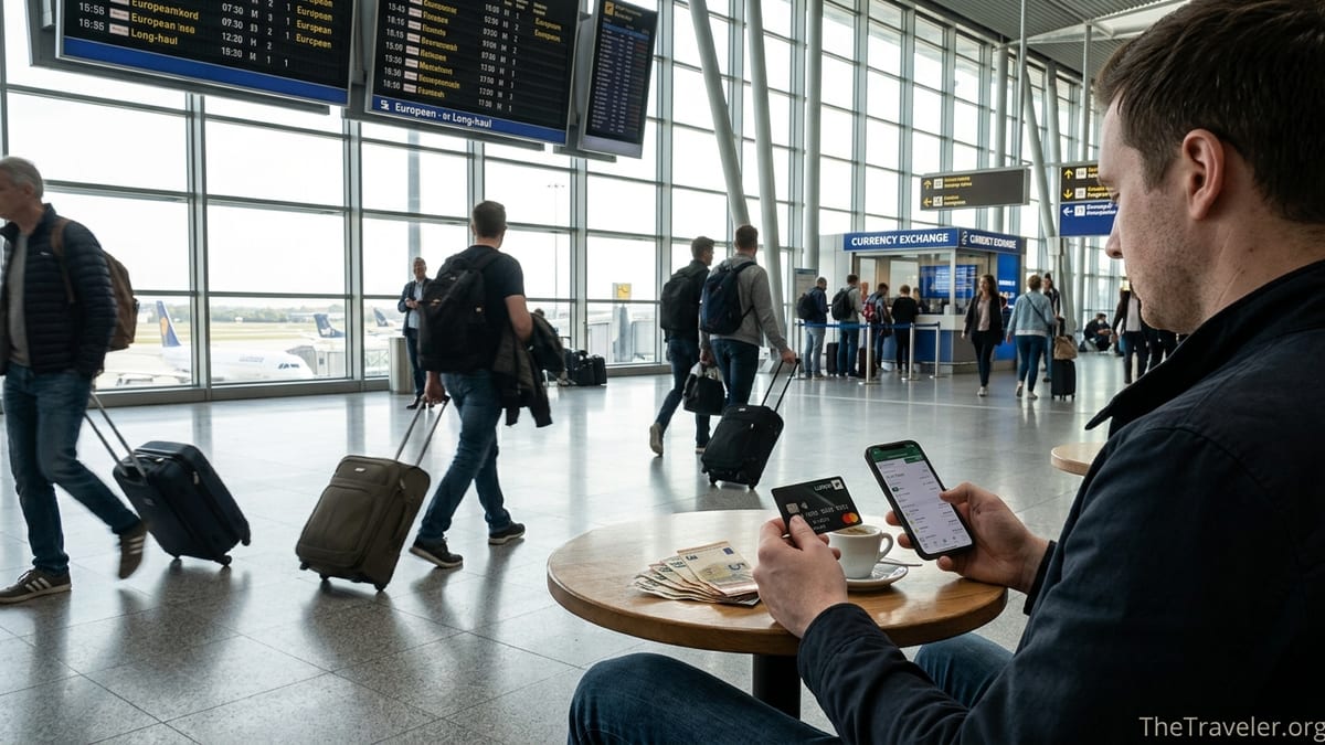 Traveler in a European airport café using a Lloyds credit card and phone to manage foreign spending.