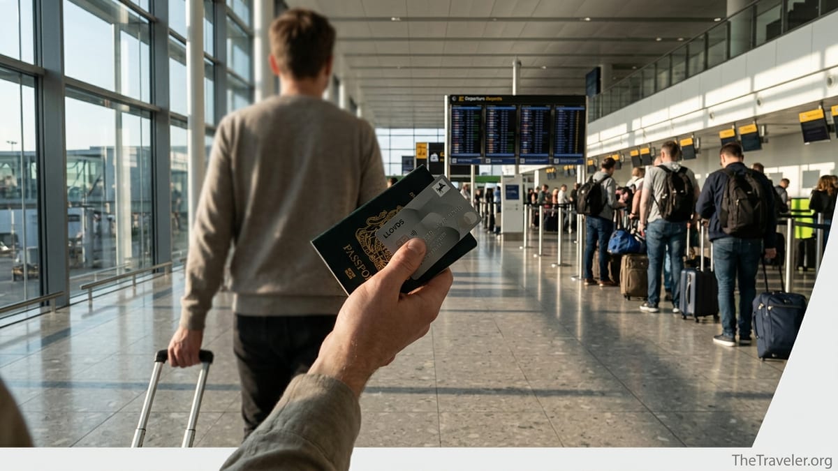 Traveller holding a credit card and passport in a bright airport departures hall.
