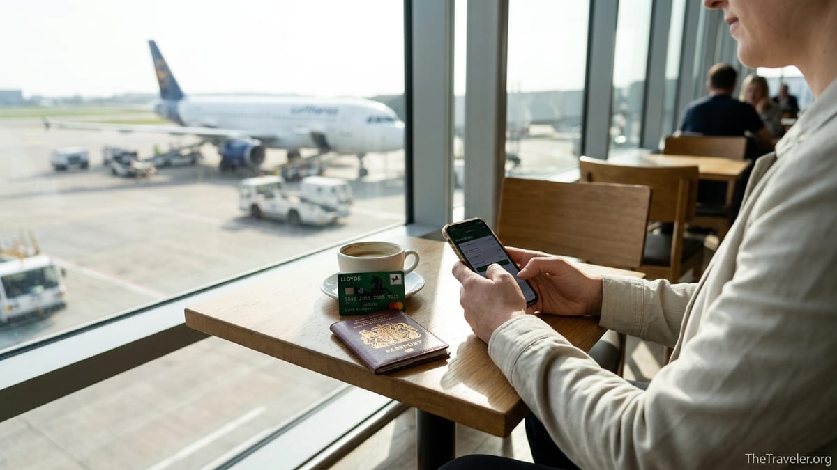 Traveller holding a green credit card in a busy European airport departure hall.
