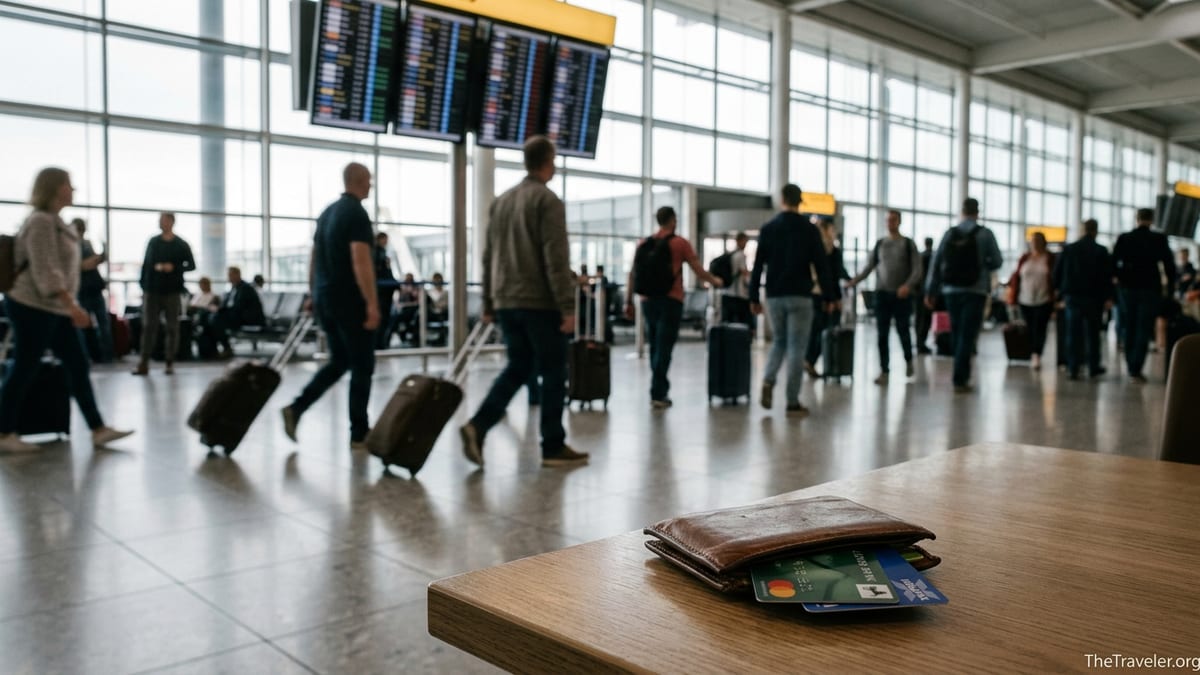 UK traveller at airport café table with two credit cards ready for an overseas trip