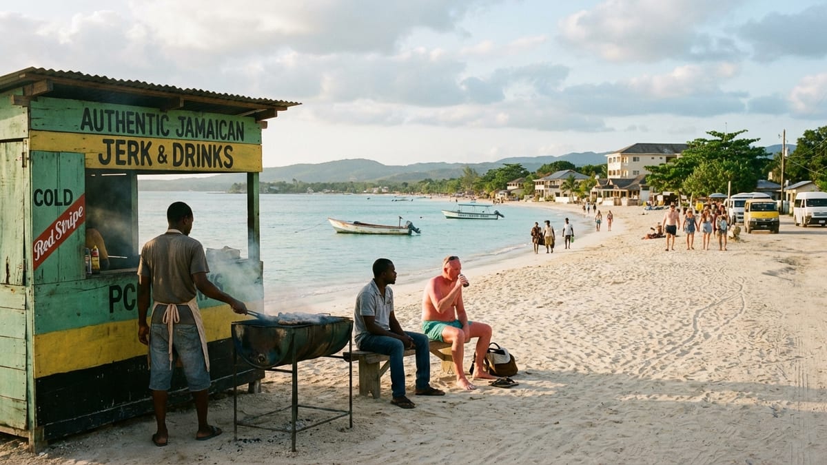 A local food shack on Jamaica's Negril coast during the golden hour. 