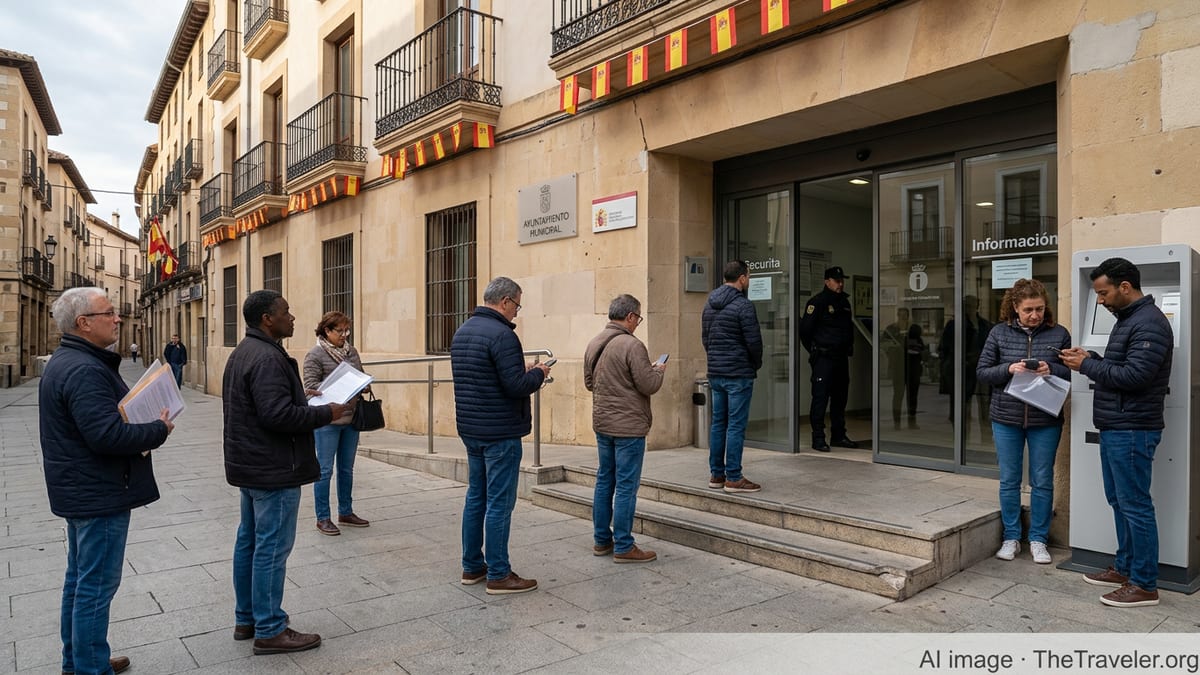 People waiting with documents outside a Spanish town hall government office entrance.