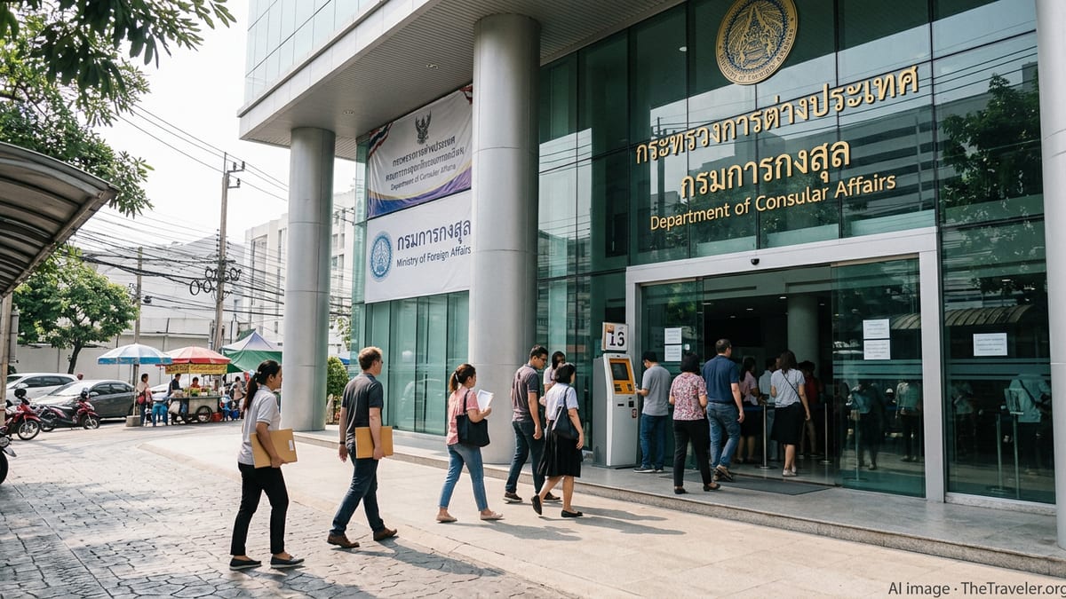 People entering a modern Thai government office building in Bangkok during the day.
