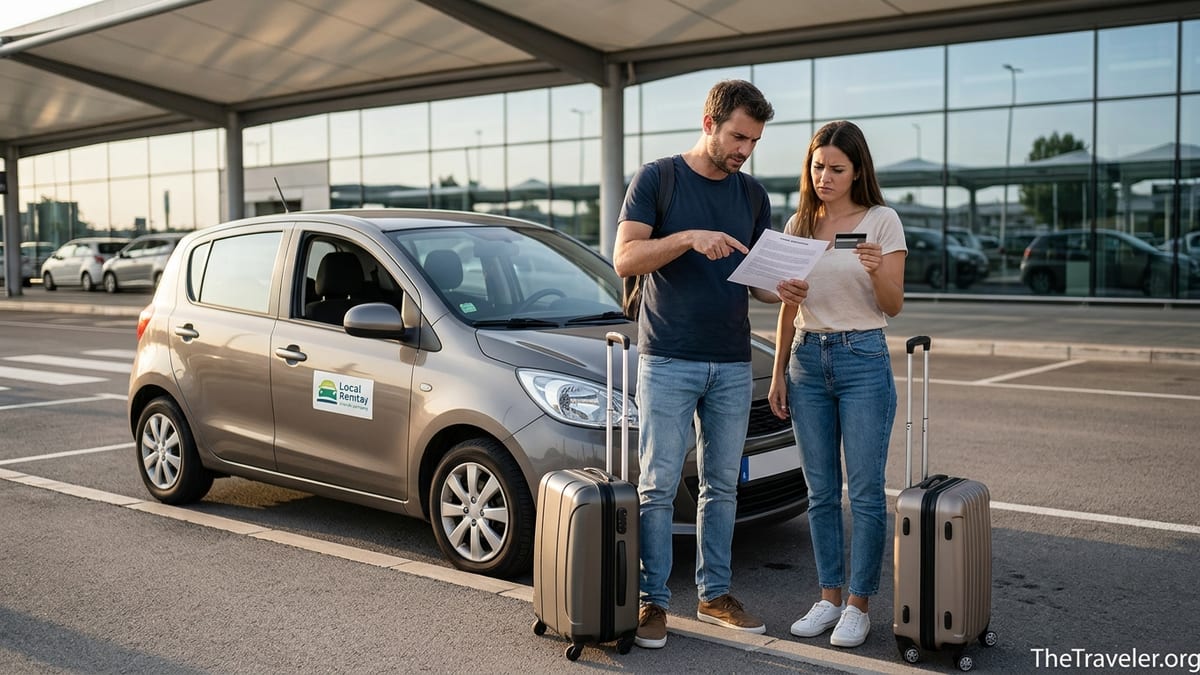 Travelers review a car rental contract with a local supplier outside an airport.