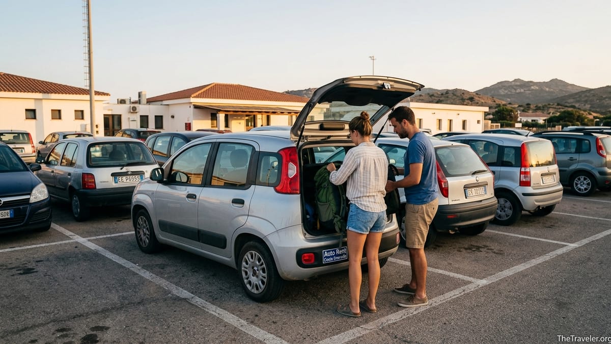 Travelers load bags into a small rental car from a local agency in a Mediterranean airport lot at sunset.