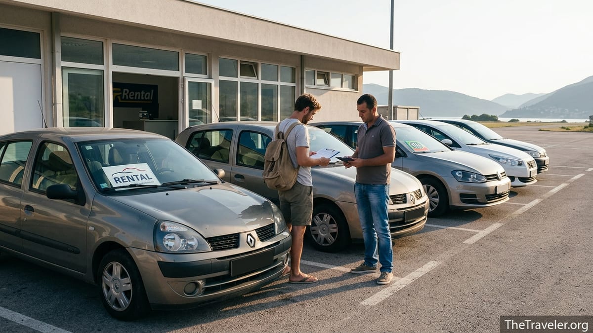 Traveler comparing a local rental car with a branded car at a small coastal airport.