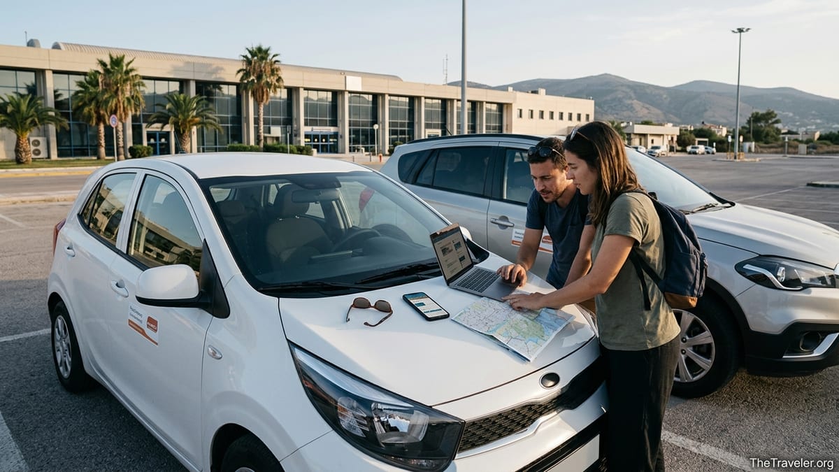 Travelers at a Mediterranean airport comparing rental car options beside two parked vehicles.