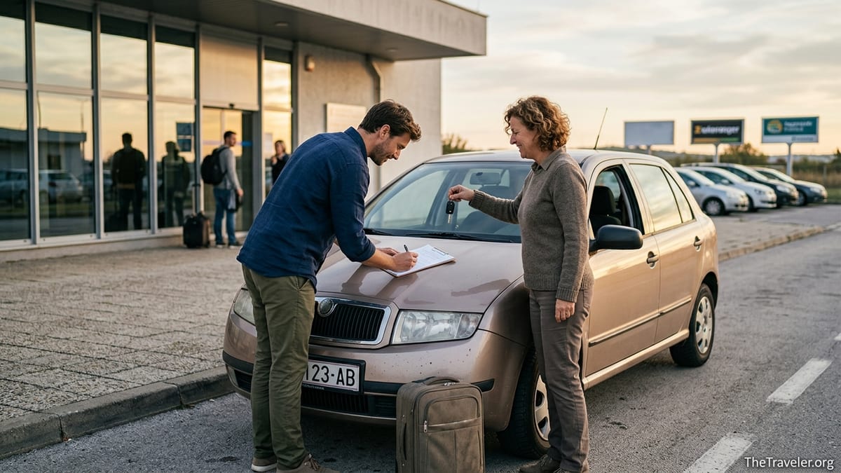 Traveler receiving car keys from a local rental owner outside a small airport at sunset.