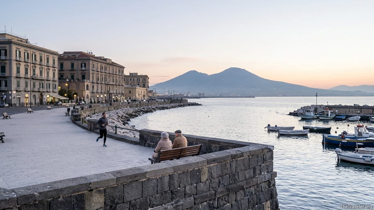 Early morning on Naples’ waterfront with locals walking along the Bay of Naples facing Mount Vesuvius.