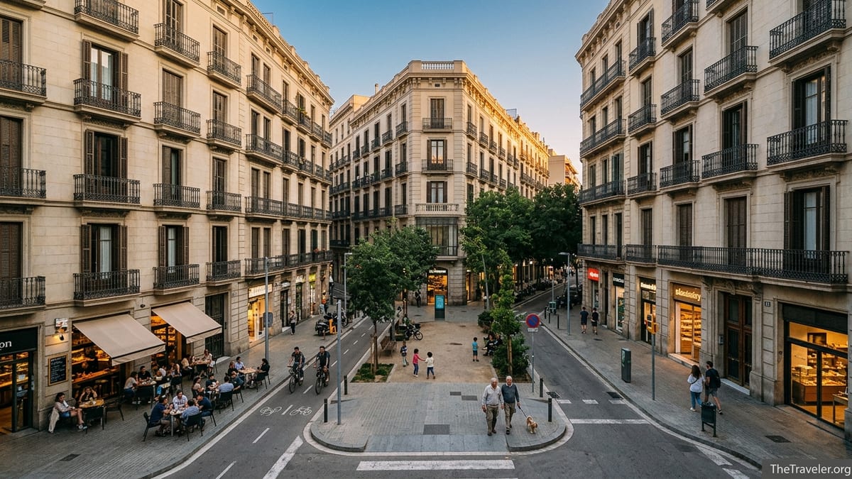 Early evening street corner in Barcelona’s Eixample with locals at cafe tables and tree-lined green axis.