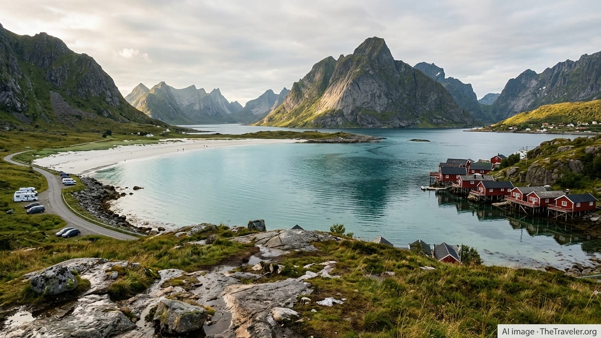Wide view of Lofoten beach, red cabins and jagged mountains under soft Arctic light.