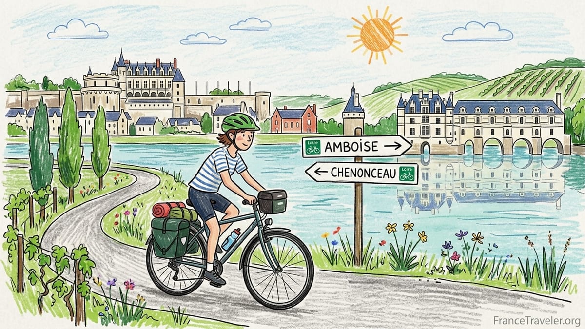 Cyclist with panniers riding the Loire à Vélo path near Amboise beside the Loire River.