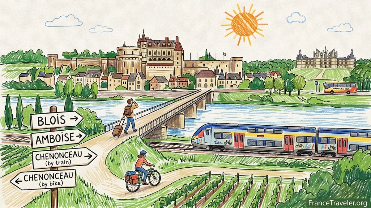 Cyclist on the Loire à Vélo path with Château d’Amboise and the Loire River in late afternoon light.