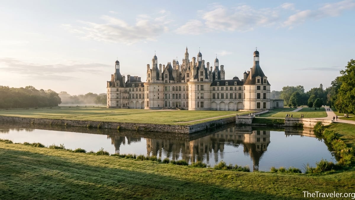 Sunrise view of Château de Chambord reflected in its moat in the Loire Valley.