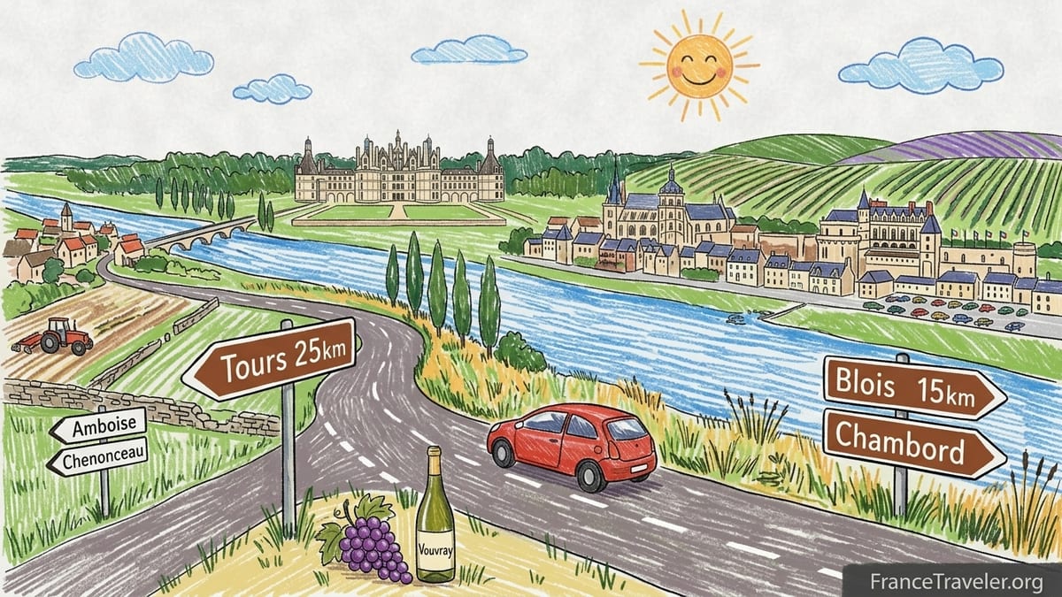 Small car parked beside a Loire Valley country road with vineyards and château in the distance