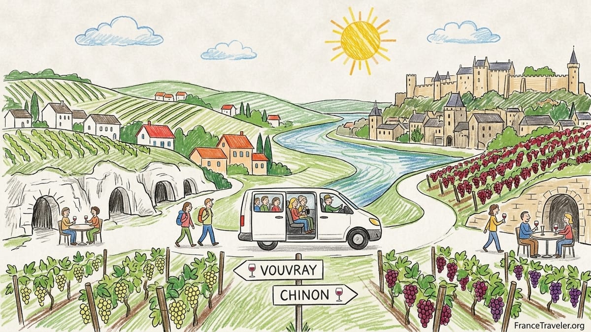 Loire Valley vineyards descending toward a riverside village and fortress in soft autumn light.