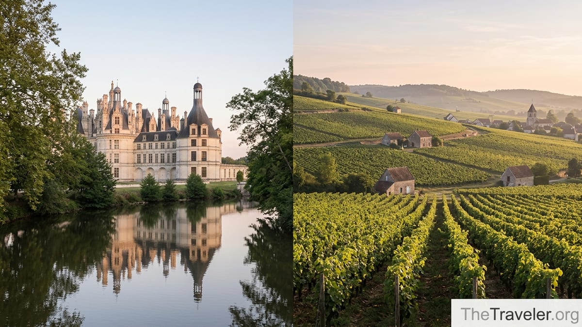Loire Valley château by a river alongside rolling Burgundy vineyards at sunset
